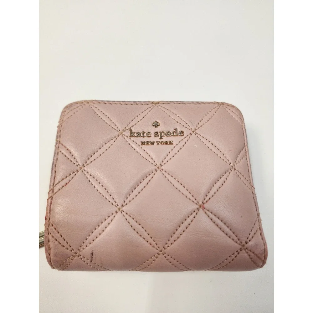 Kate Spade Quilted Leather Bifold Wallet Pink Zip Around Coin Pocket ID Window